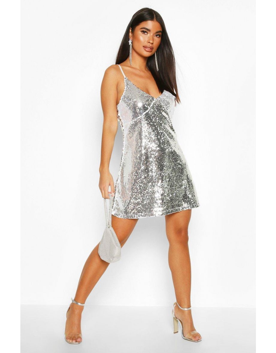Petite Sequin Spaghetti Strap Slip Dress - black - 3