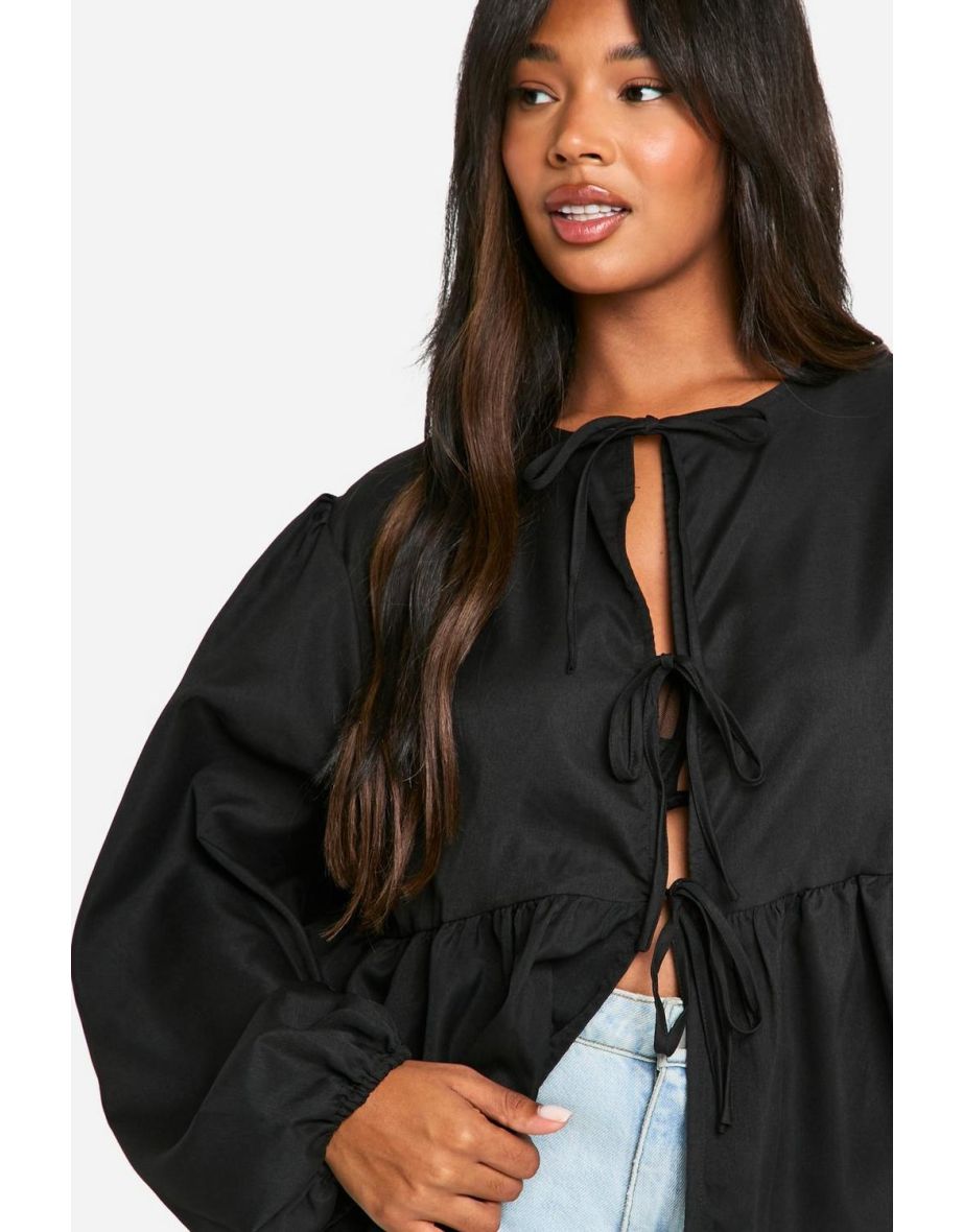 Plus Tie Front Long Sleeve Smock Top - 3