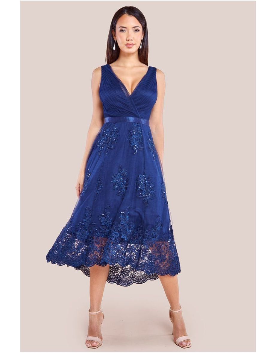Goddiva Pleated Satin Bodice High And Low Dress