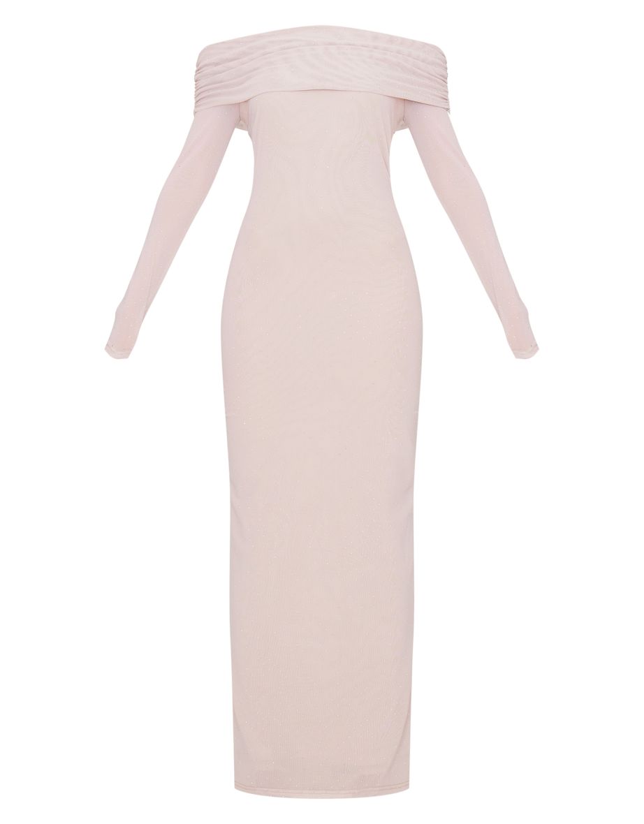 Nude Diamante Bardot Long Sleeve Maxi Dress - 4