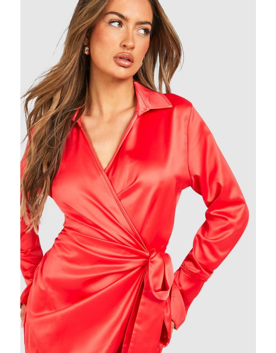 Satin Wrap Mini Shirt Dress - red - 3