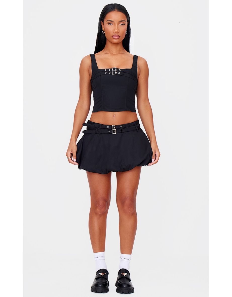 Black Twill Buckle Puff Ball Skirt