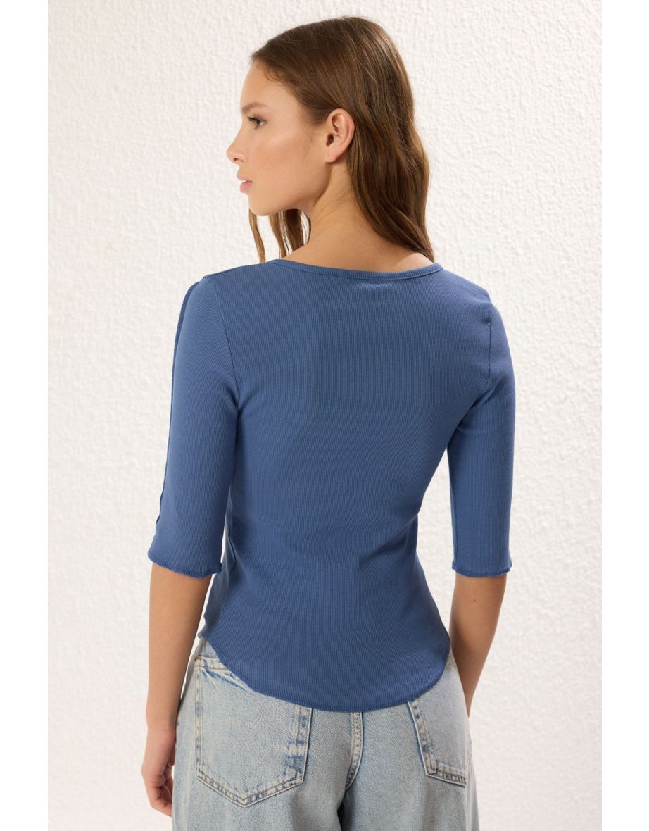 Indigo Fitted/Body-Sit Pool Collar Snap Button Elastic Ribbed Knit Blouse - 4