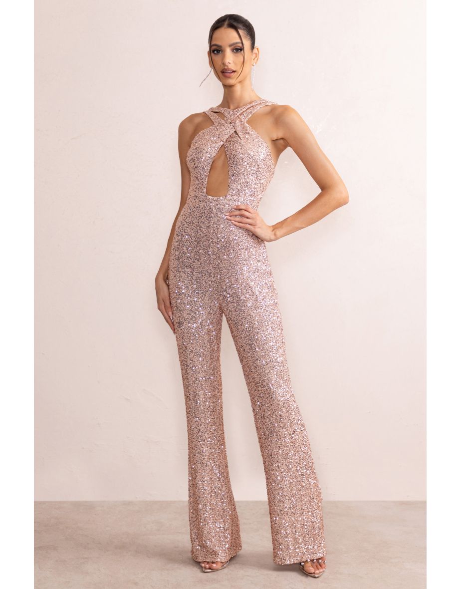 Audrey | Champagne Sequin Cross Front Flared Leg Jumpsuit With Keyhole Detail - 4