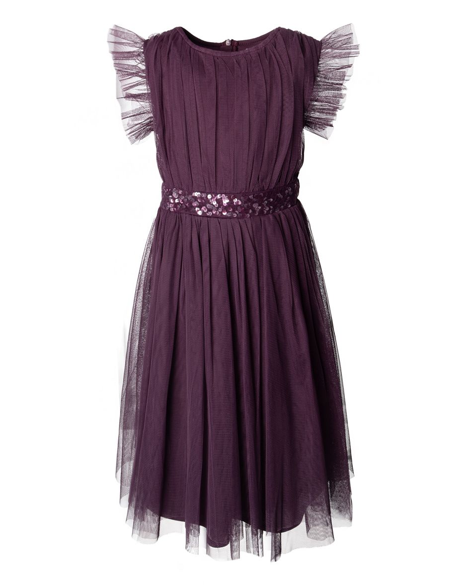 Shop Mini Maya Berry Midi Dress with Frill Sleeves and Embellished Waist Online in Bahrain VogaCloset