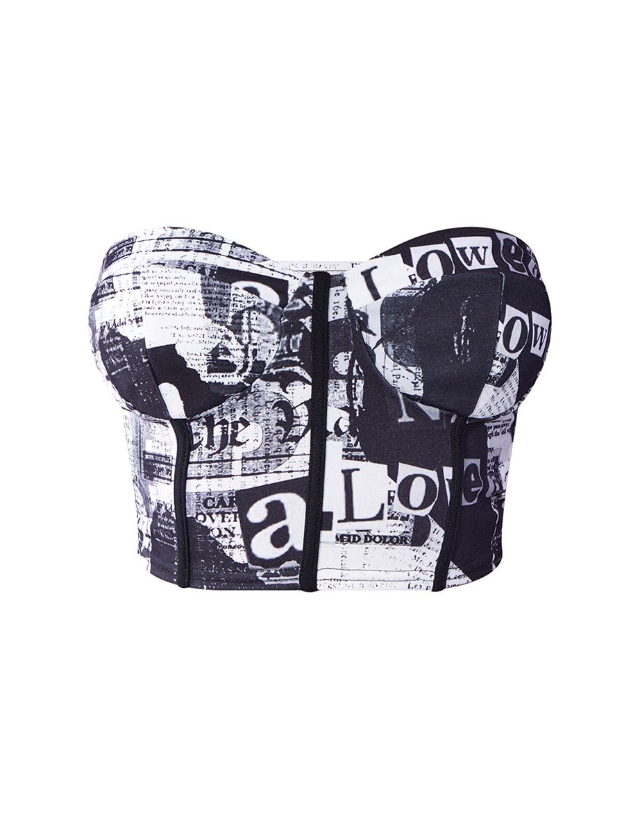 Black Newspaper Print Cup Detail Corset Top - 4
