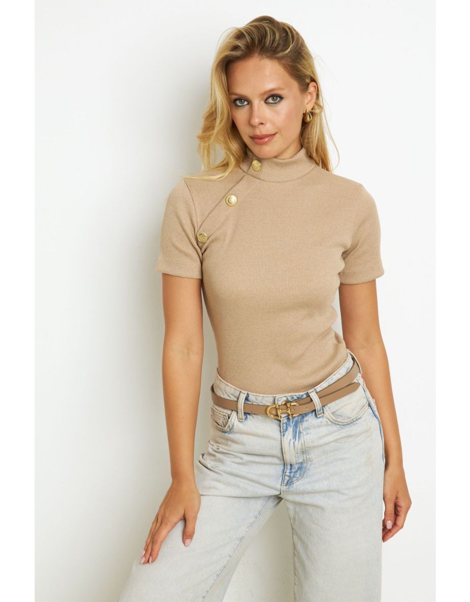 Women's Milk Brown Button Accessory Camisole Blouse - 4