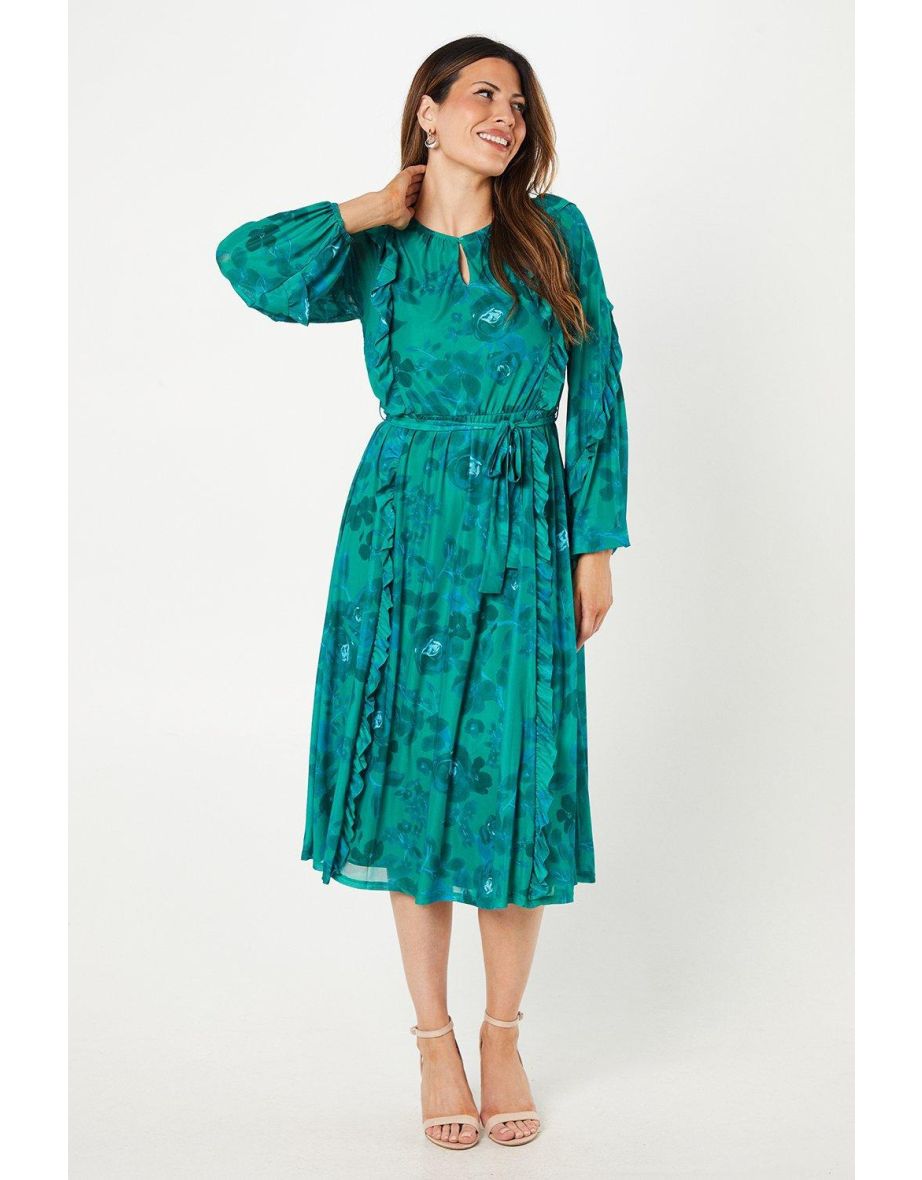 Occasion Floral Mesh Ruffle Midi Dress