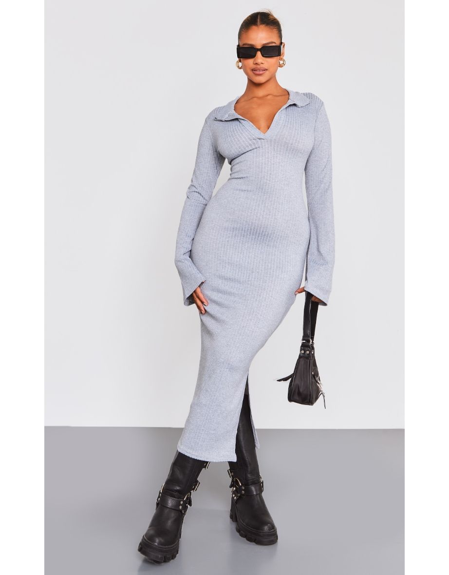 Grey Ribbed V Neck Collar Flared Sleeve Maxi Dress