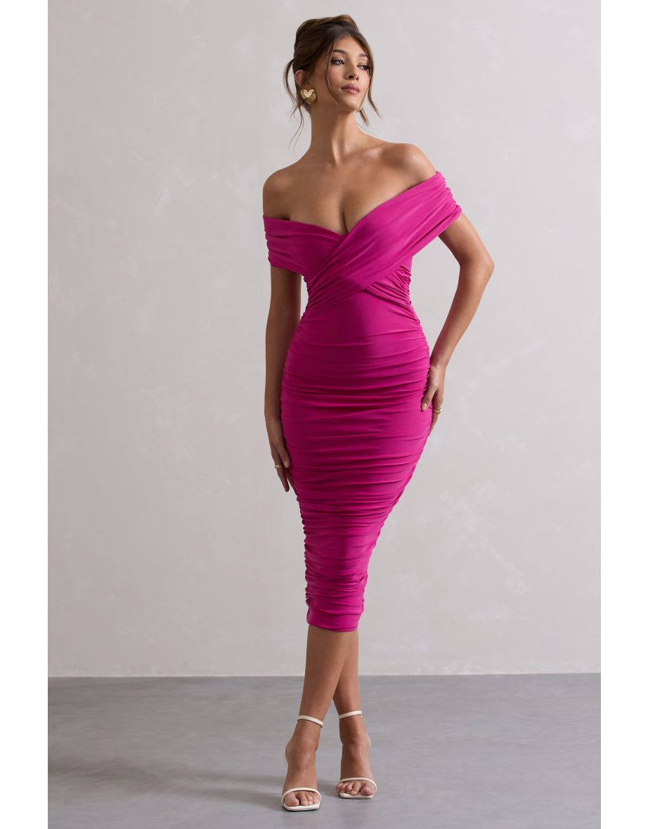 Unwrapped | Dark Pink Ruched Twist Bardot Dress - 4