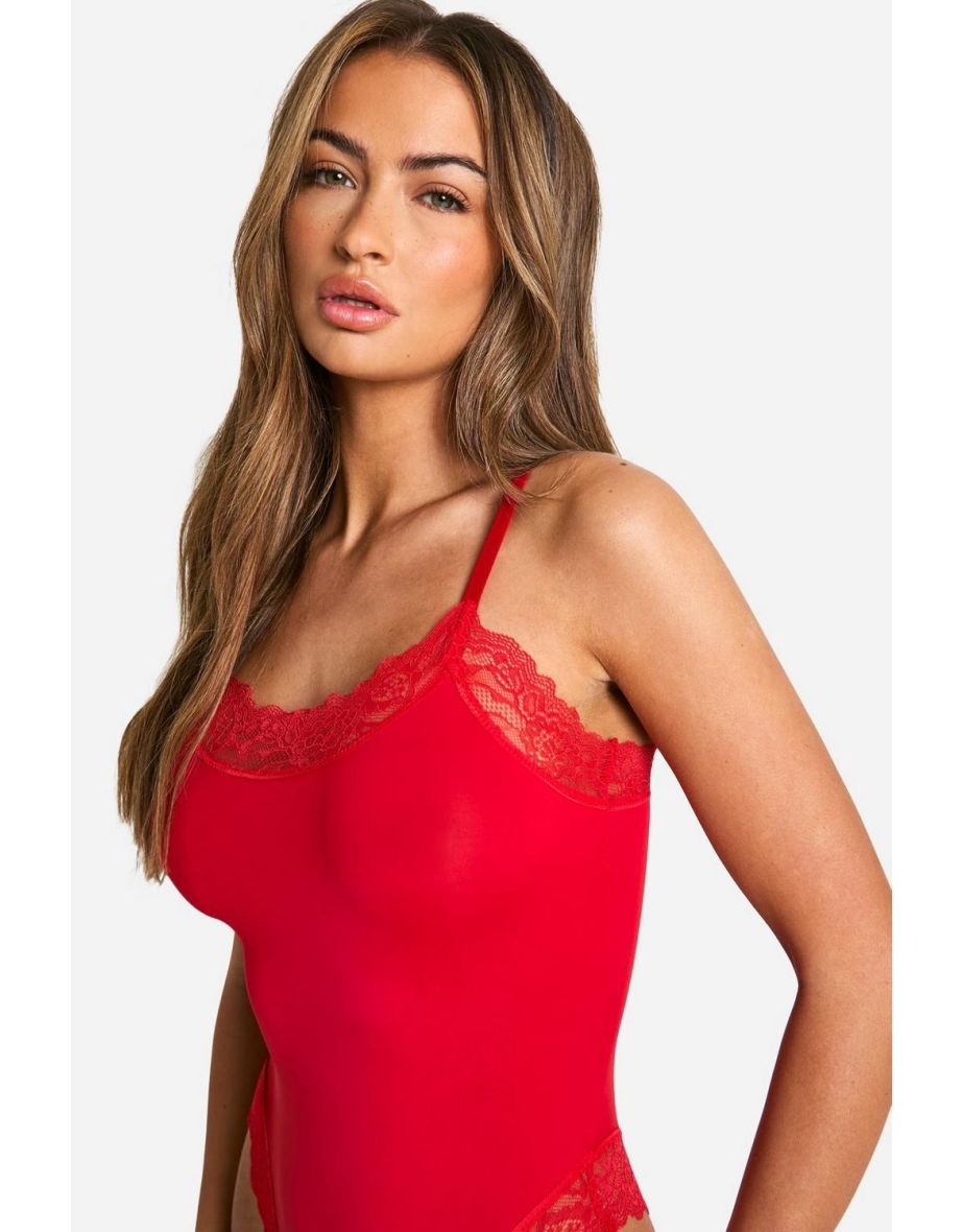 Red Lace Trim Bodysuit - red - 1