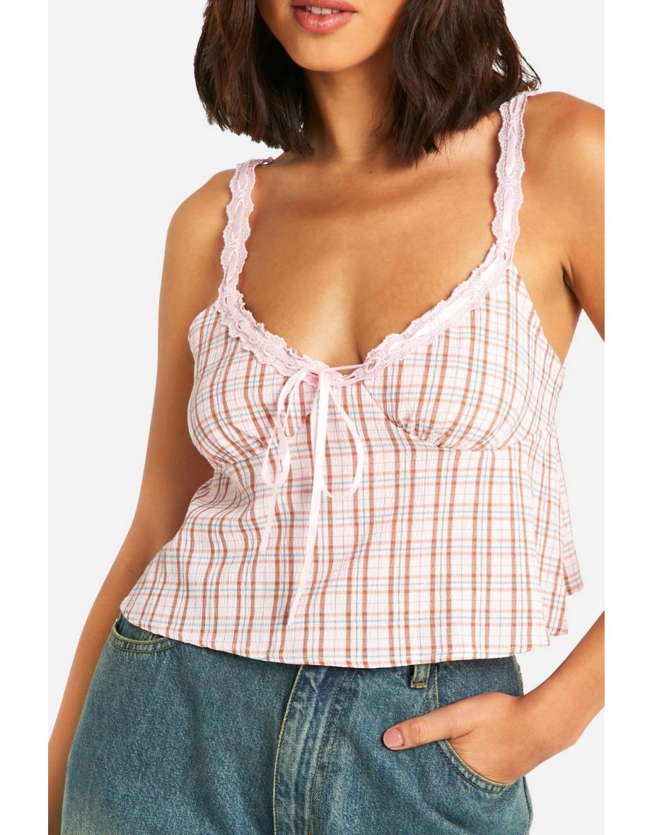 Lace Trim Check Cami - baby pink - 3
