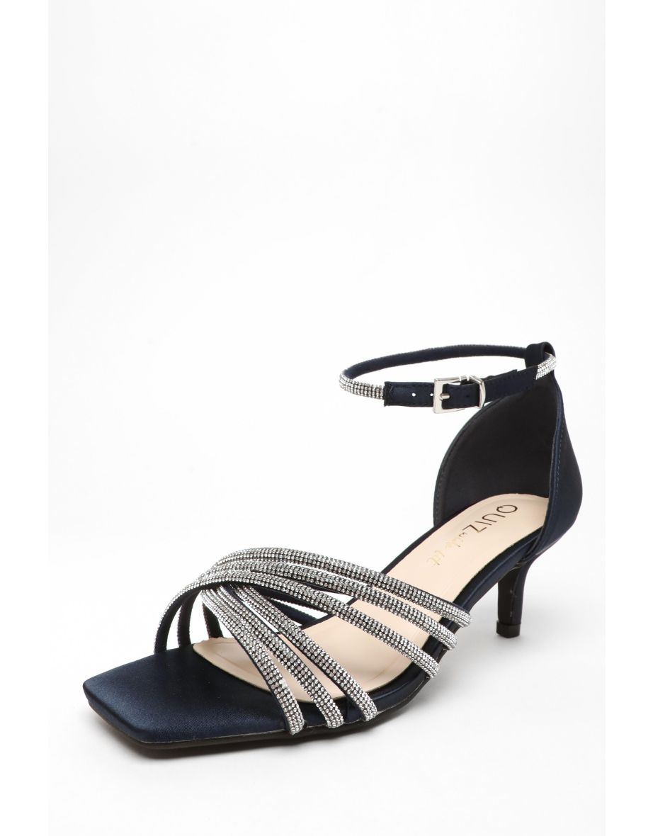 Shop Wide Fit Navy Satin Diamante Cross Strap Low Heels Online in Oman VogaCloset