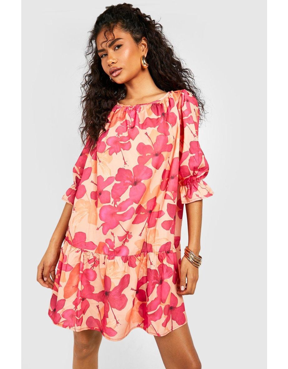 Floral Ruffle Smock Dress - orange - 3