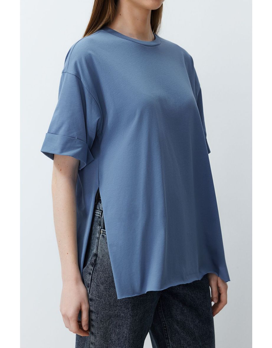 Indigo 100% Cotton Double Sleeve Asymmetric Boyfriend Knitted T-Shirt - 7