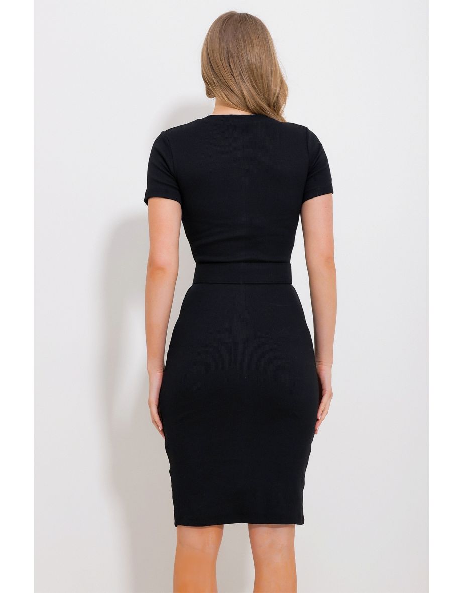 Women's Black Crew Neck Belted Short Sleeve Camisole Dress - 4