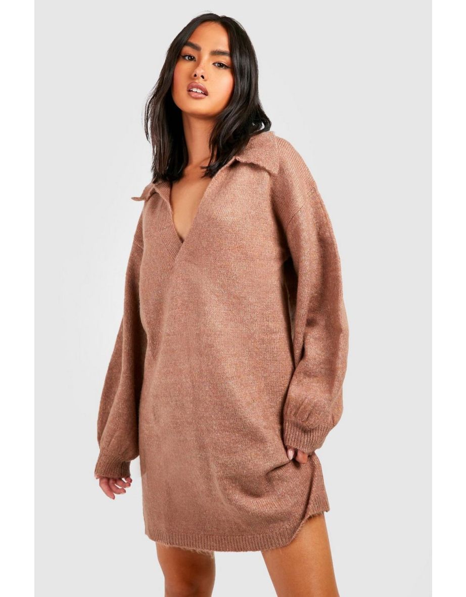Polo Neck Oversized Knitted Jumper Dress - camel - 3