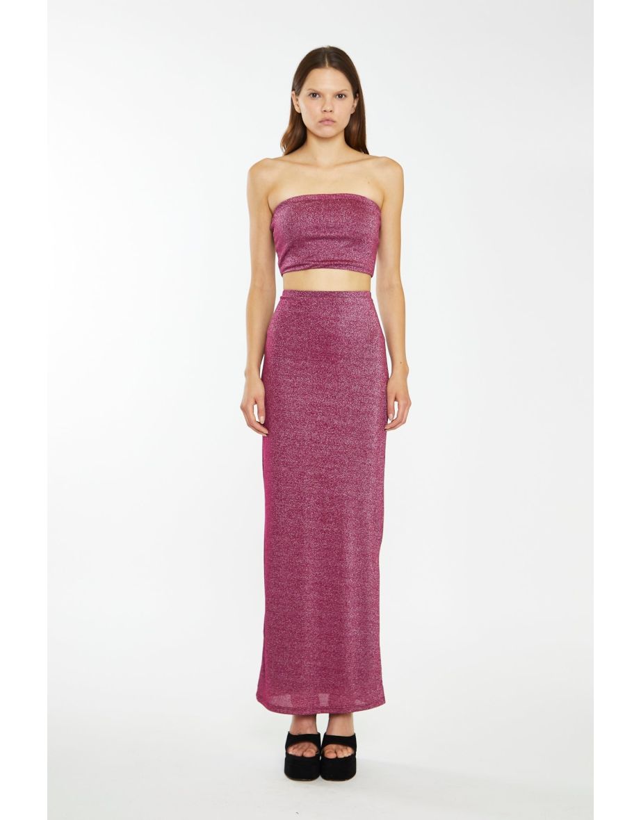 Red-Plum Glitter Bandeau Crop-Top