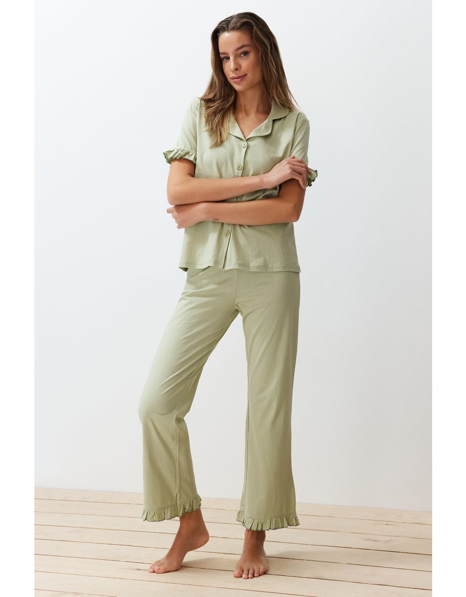 Mint 100% Cotton Ruffle Detail Knitted Pajamas Set
