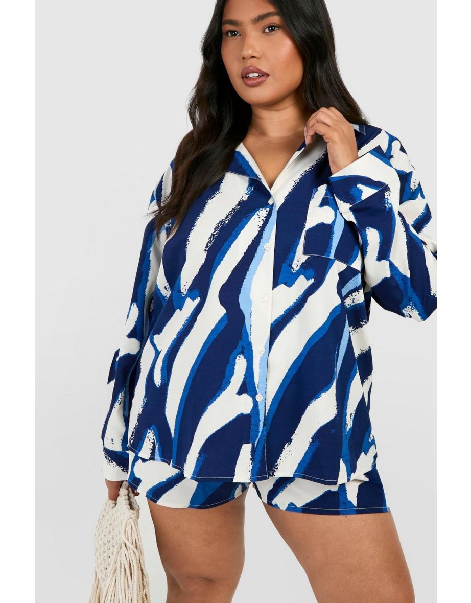 Plus Woven Zebra Print Long Sleeve Shirt & Short Co-ord - blue - 3