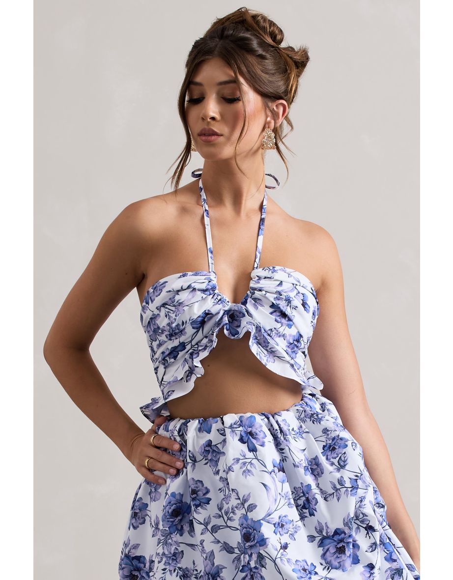Roam | Floral Print Halter V-Neck Ruffle Crop Top