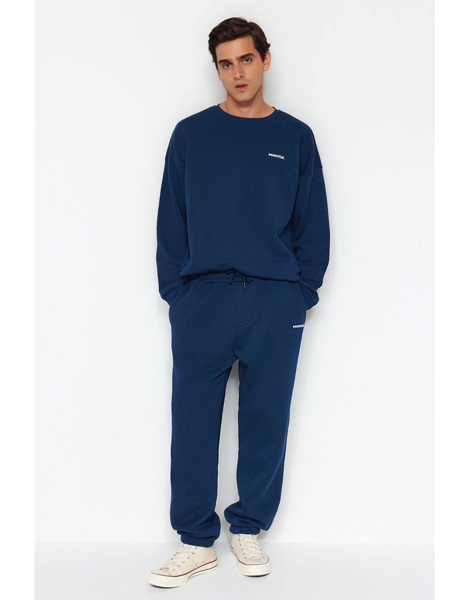 Indigo Tracksuit Set Oversize / Wide Cut Text Printed With Fleece Inside
