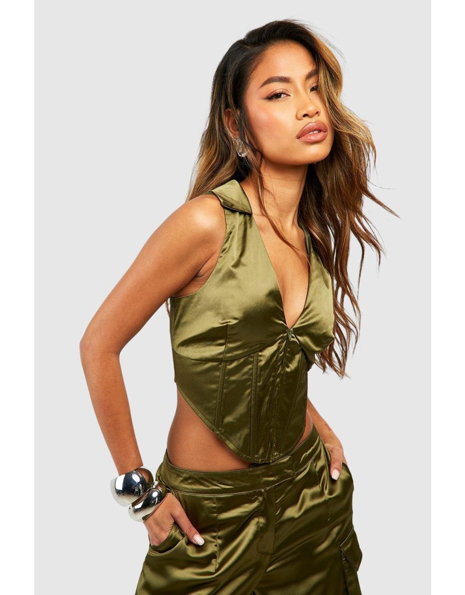 Satin Zip Halter Corset Detail Waistcoat - khaki - 3