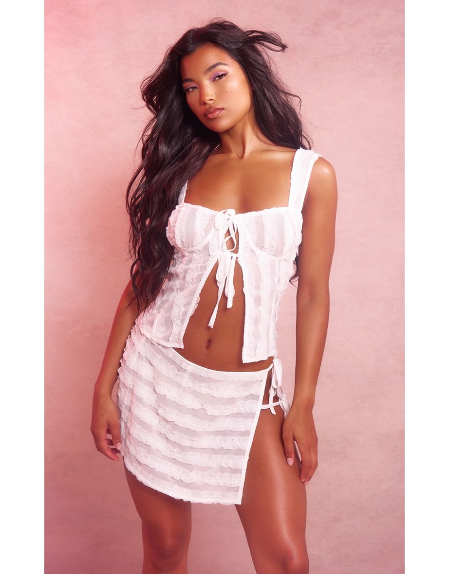 White Textured Tie Detail Crop Top