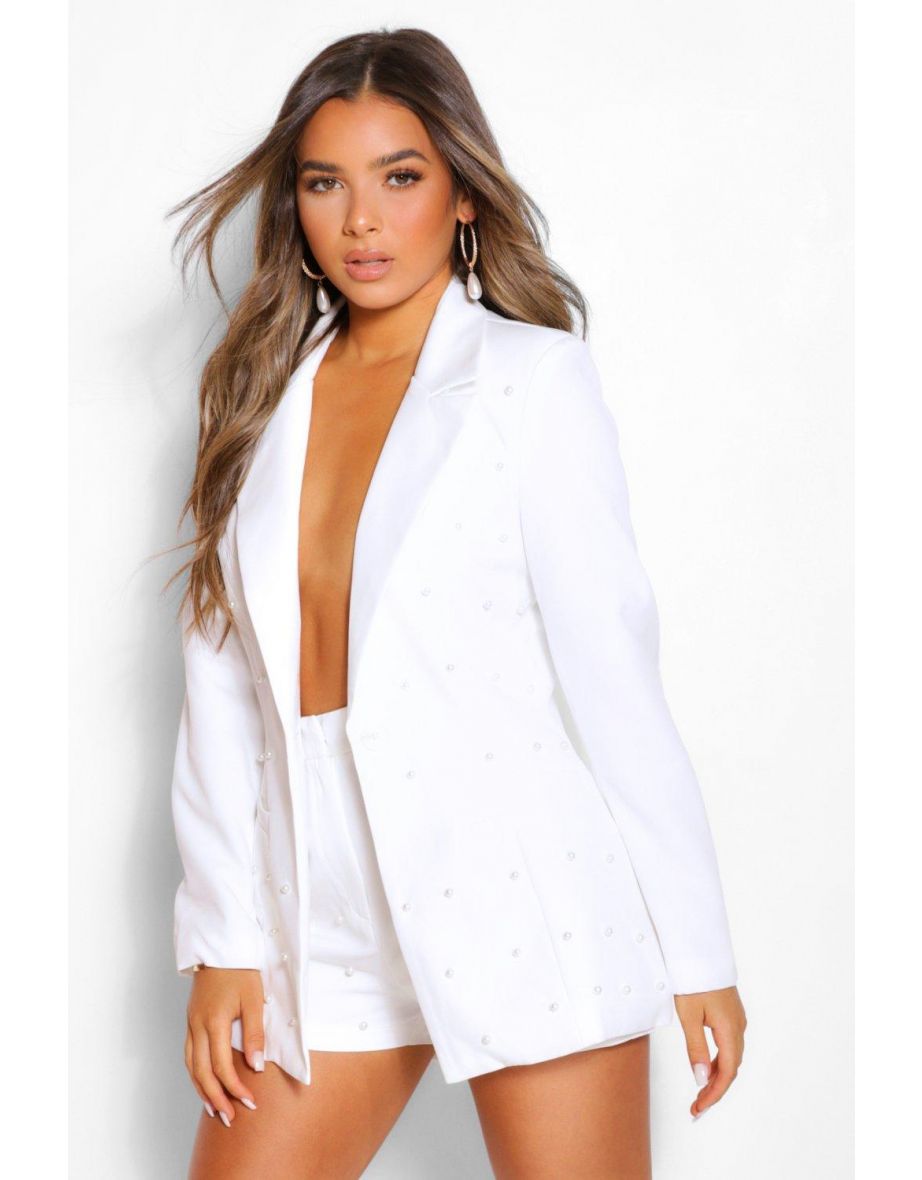 Petite Pearl Detail Blazer - white