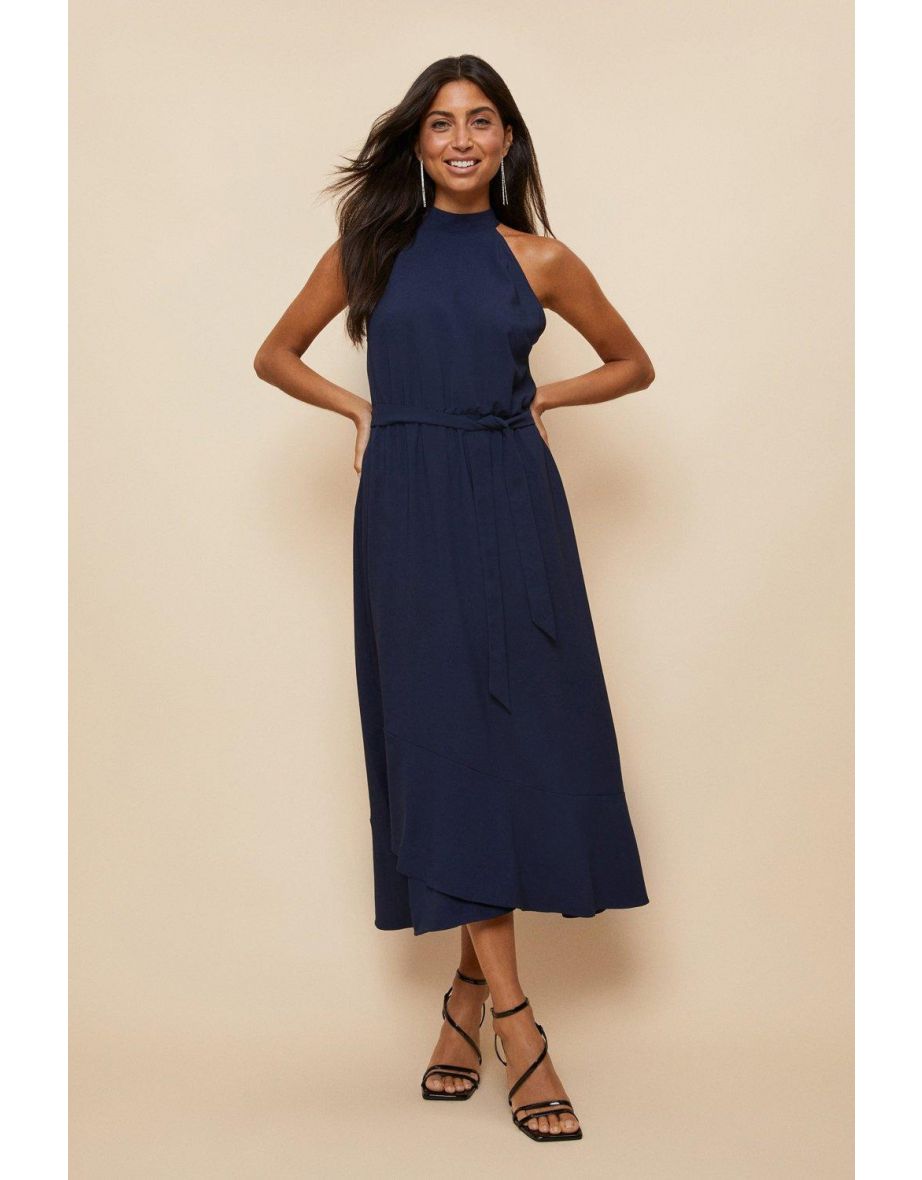 Navy Satin High Neck Ruffle Midi Dress
