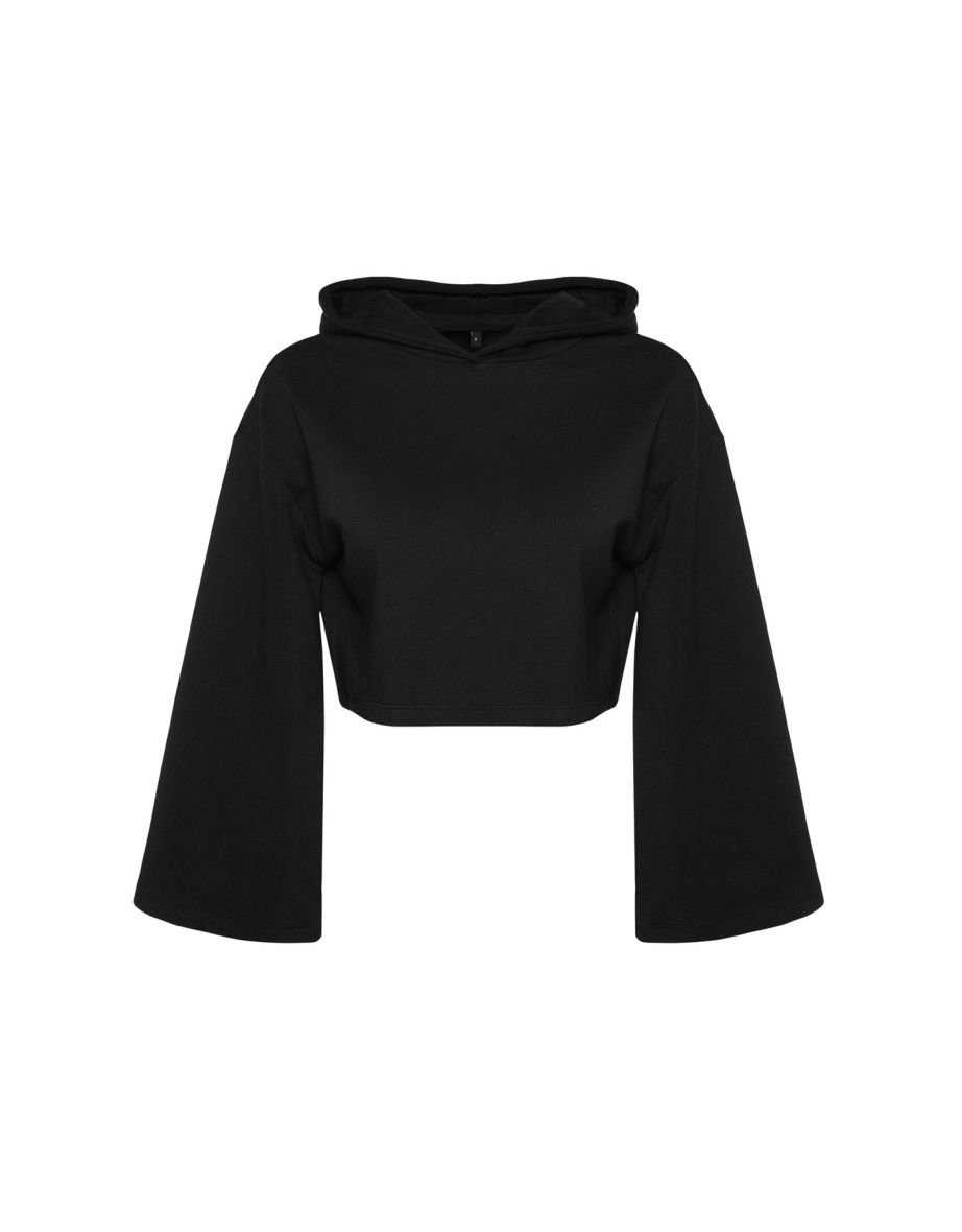 Black Thick Fleece Inside Relaxed Cut Crop Spanish Sleeve Hooded Knitted Sweatshirt - 7