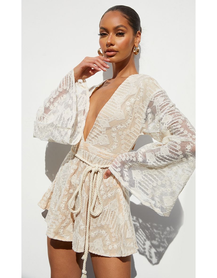 Shop Nude Lace Flare Sleeve Rope Belt Playsuit Online in Qatar VogaCloset