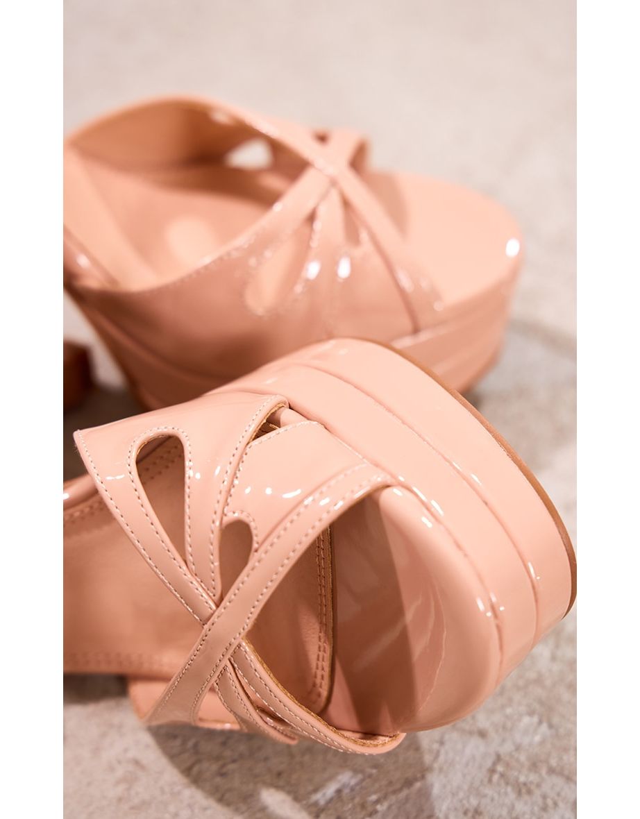 Nude Patent Cut Out Strap Double Platform High Heeled Sandals - 3