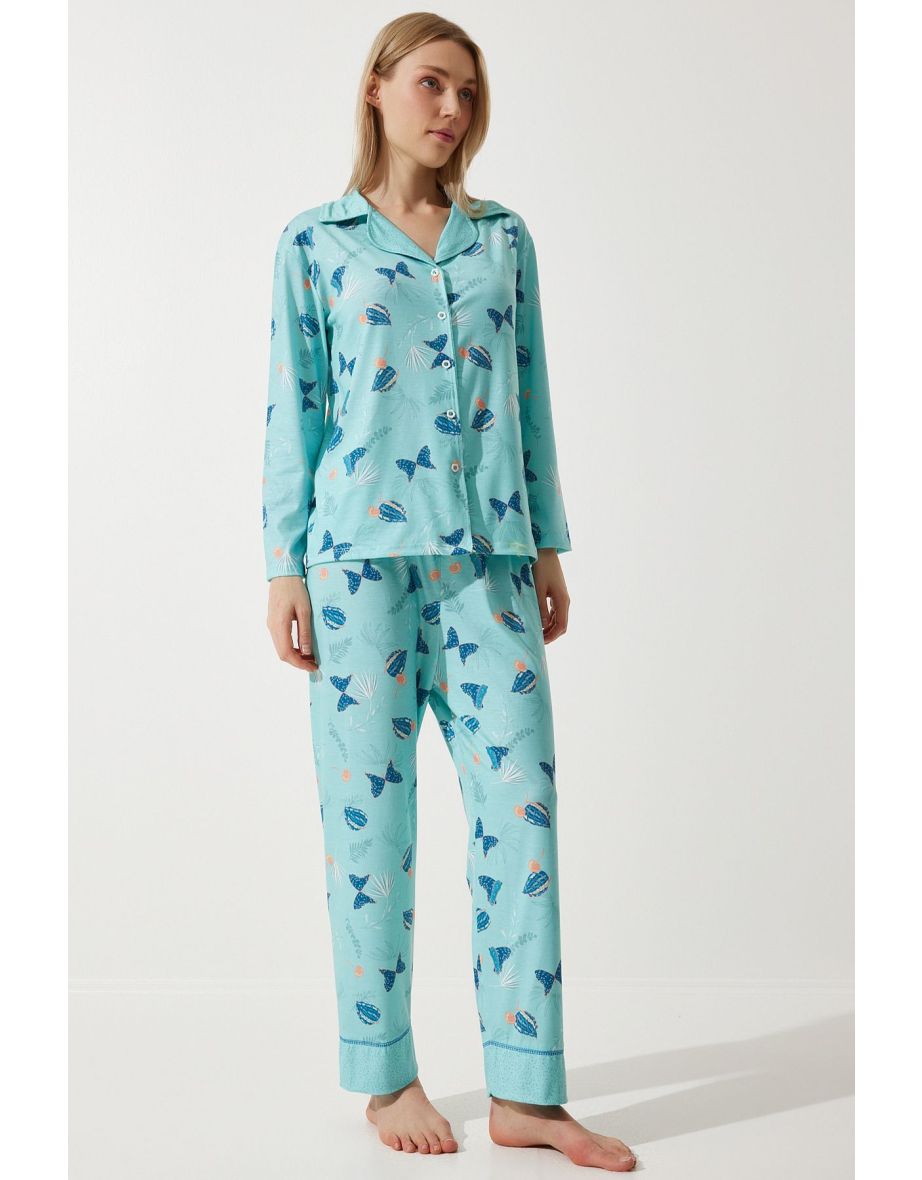 Women's Aqua Green Patterned Shirt-Pants Knitted Pajama Set