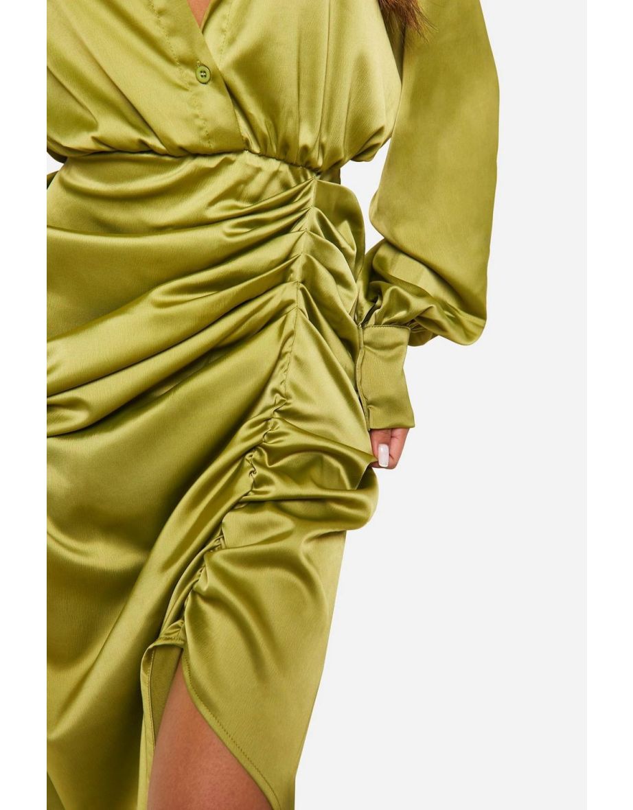 Satin Draped Shirt Dress - olive - 3