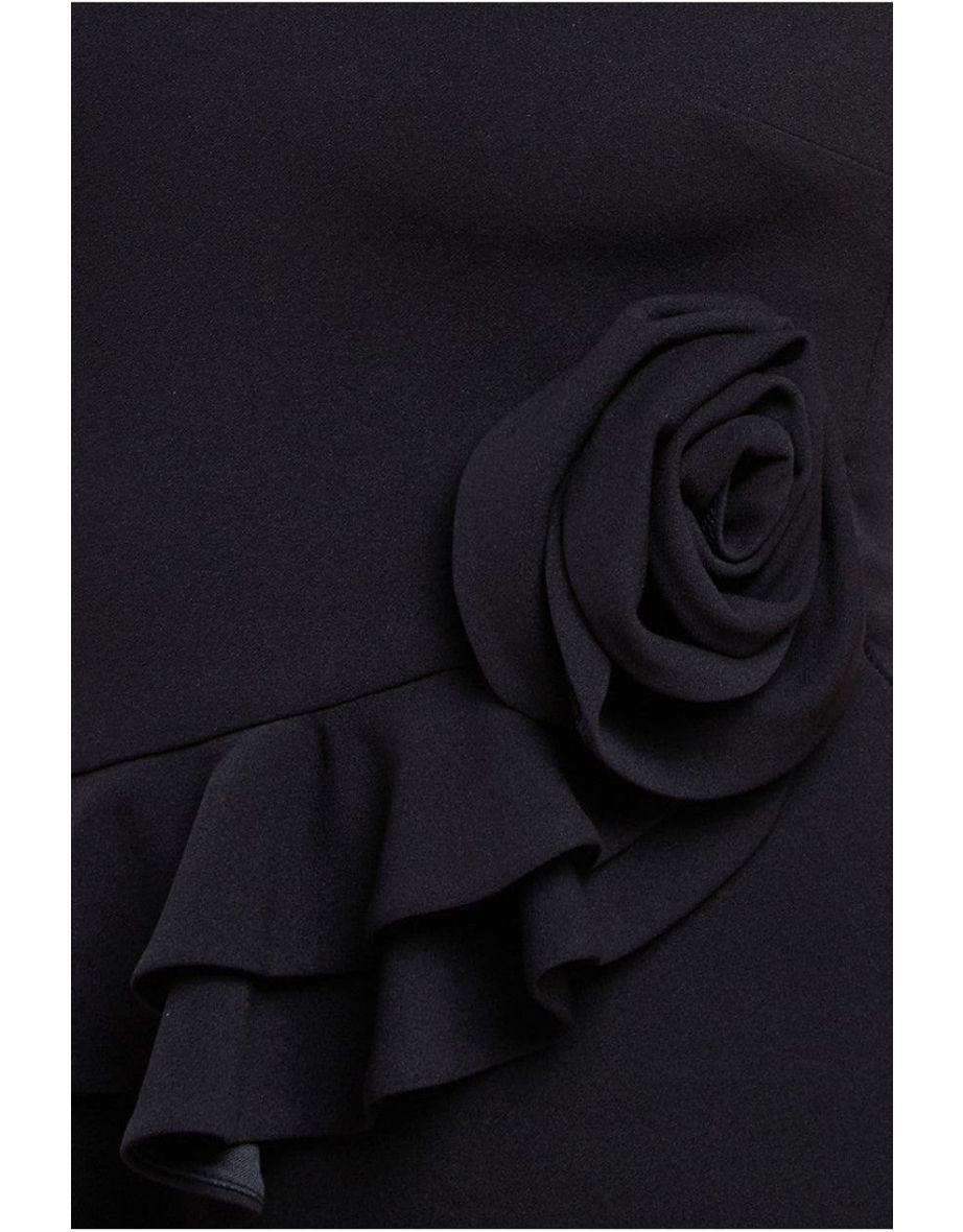 Goddiva Scuba Crepe Rose Frill Midi Dress - Black - 3