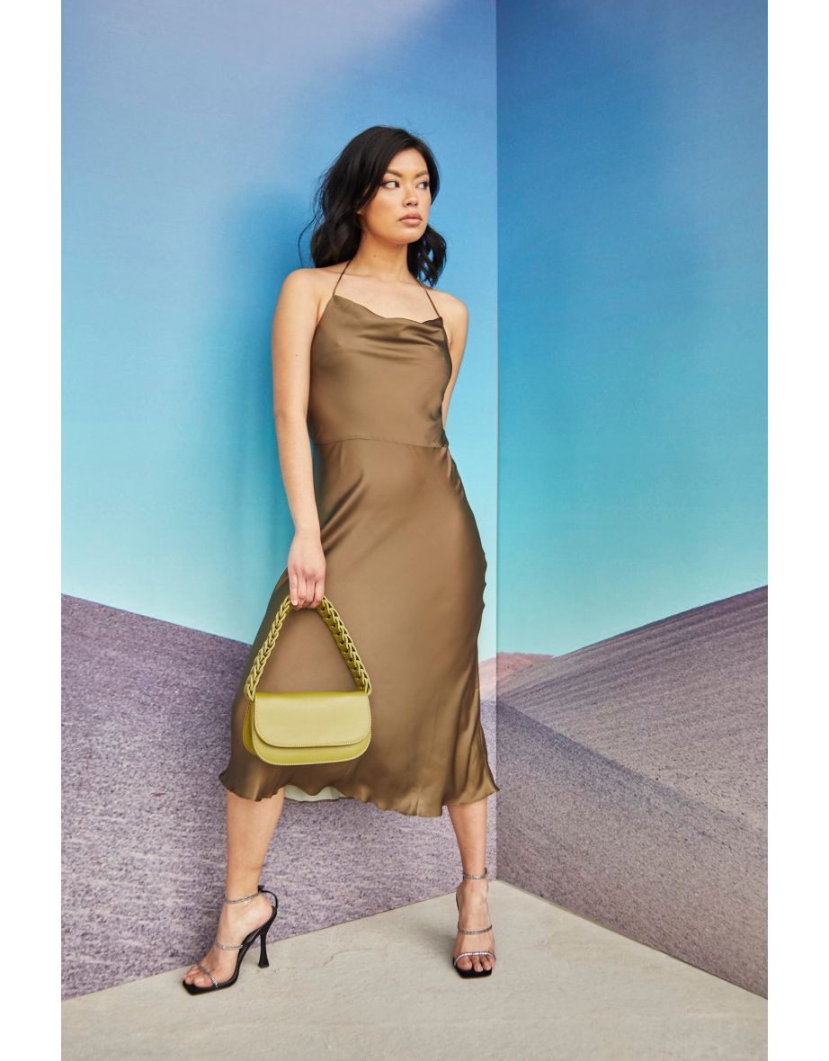 Shop Glamorous Care Khaki Satin Cowl Neck Midi Dress Online in Iraq |  VogaCloset