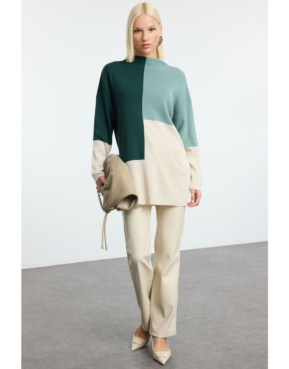 Green Color Block Jacquard Knitwear Sweater