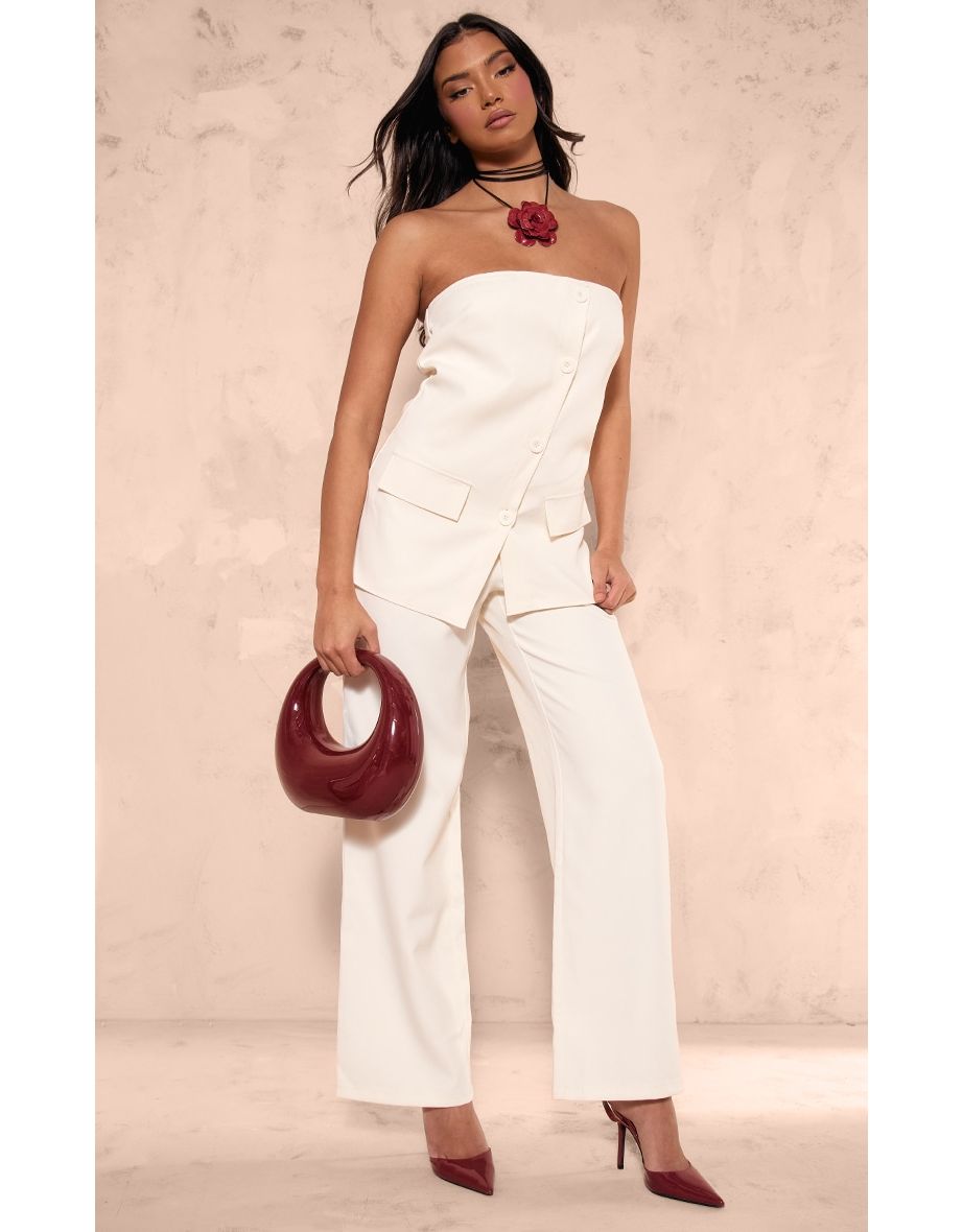 Shop Cream Woven Bandeau Button Detail Tailored Wide Leg Jumpsuit Online in Bahrain VogaCloset