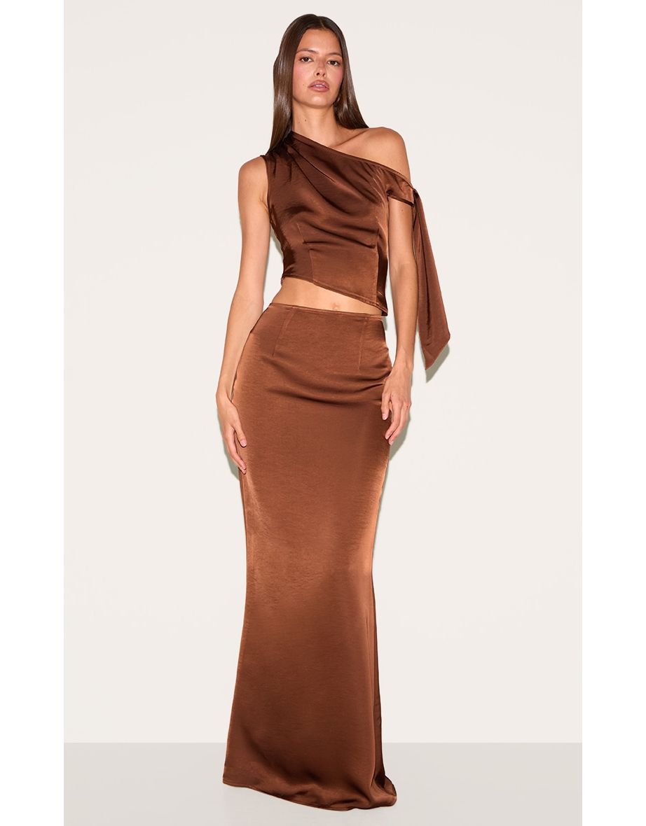 Chocolate Mid Rise Satin Maxi Skirt