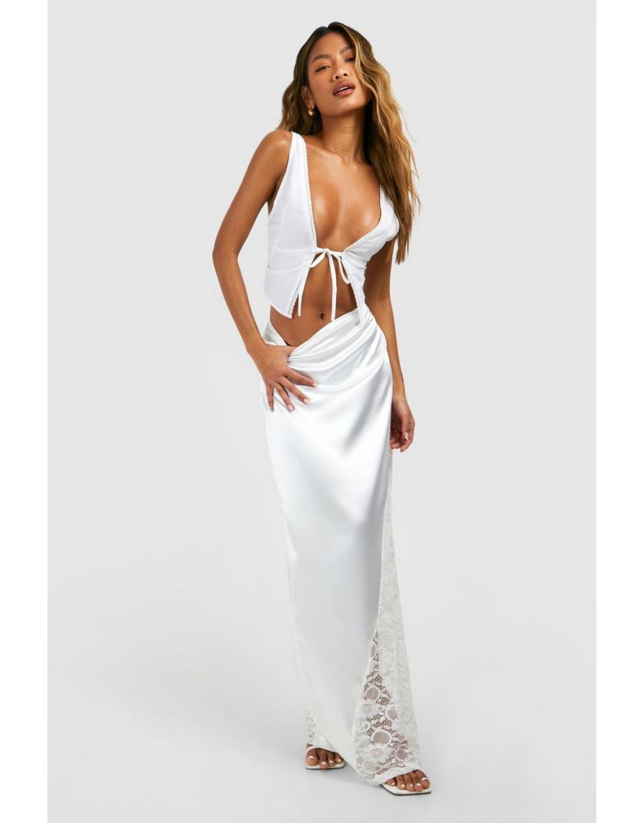 Lace Insert Satin Maxi Skirt - ivory