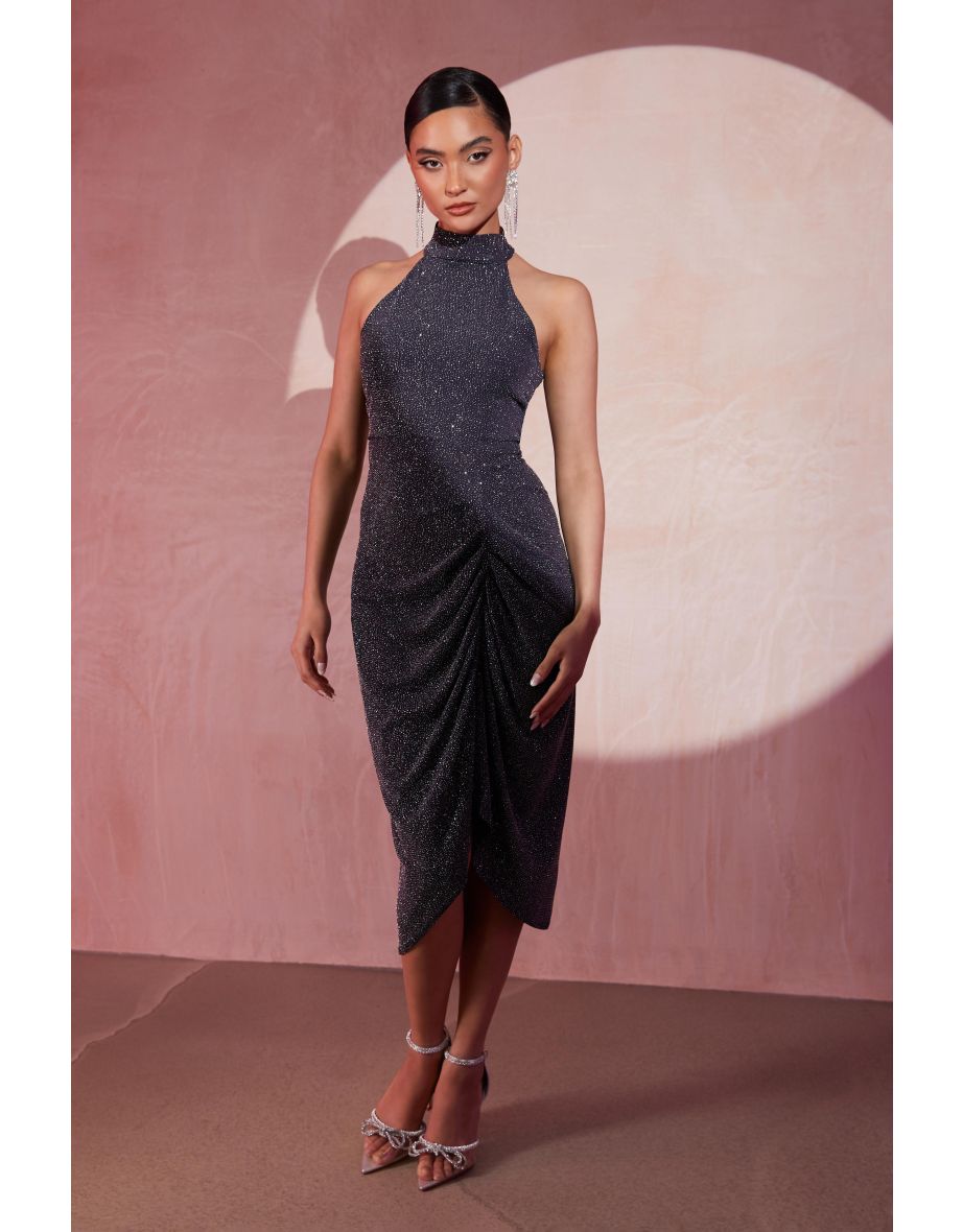 Shop Grey Glitter Ruched Midi Dress Online in Bahrain VogaCloset