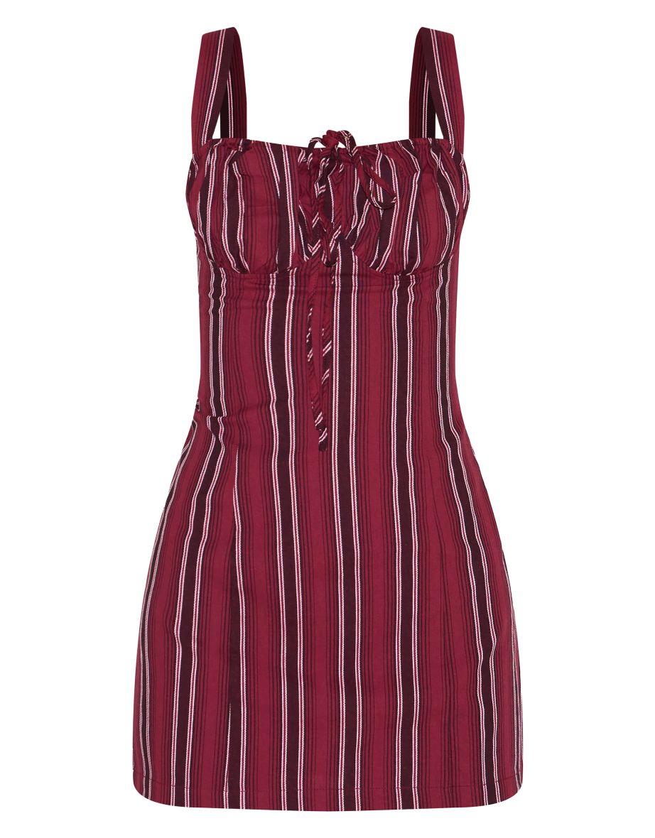Burgundy Pinstripe Tie Detail Shift Dress - 4