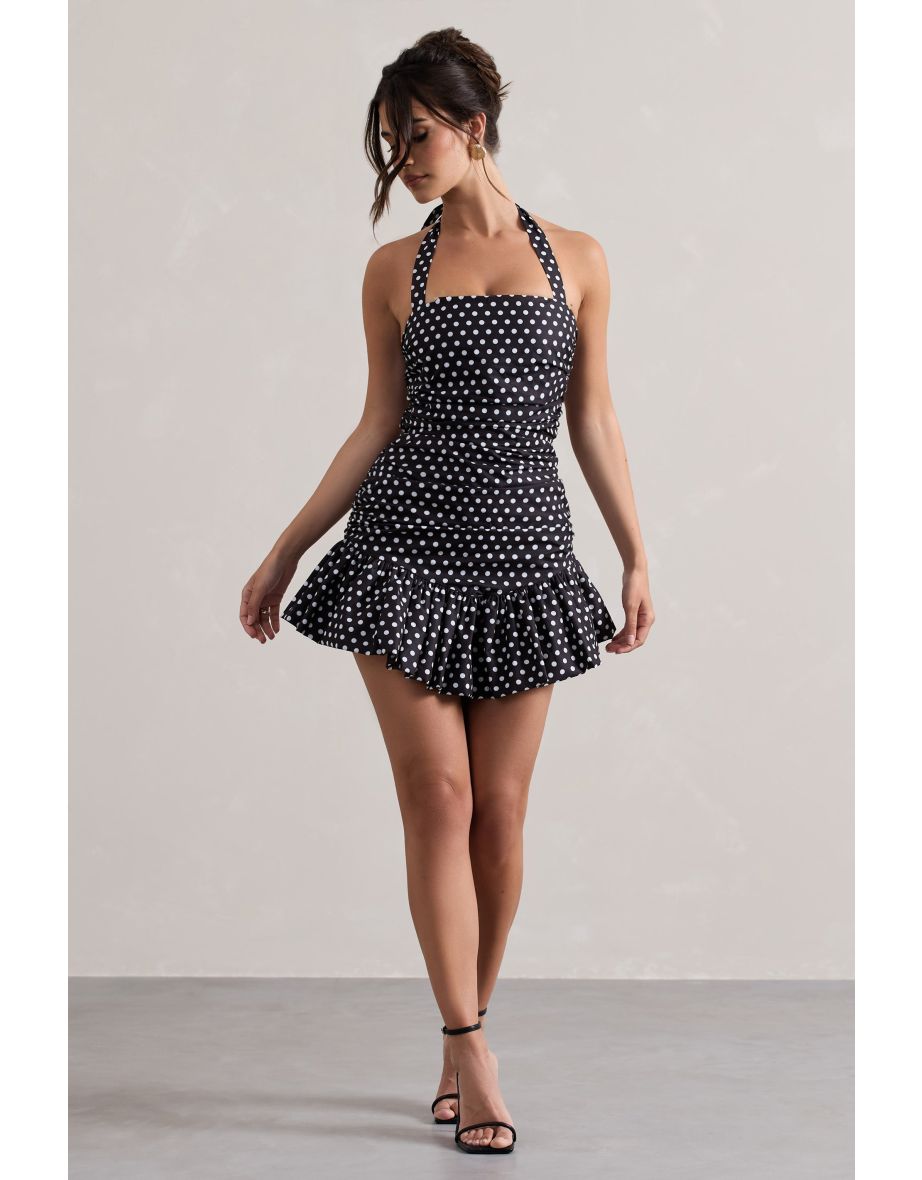 Zahra | Black & White Polka Dot Halter-Neck Ruched Mini Dress With Ruffle Hem - 4