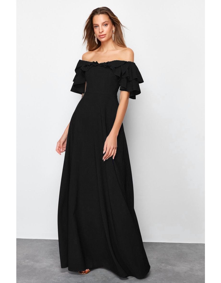 Black Open Waist/Skater Woven Flounce Long Evening Evening Dress