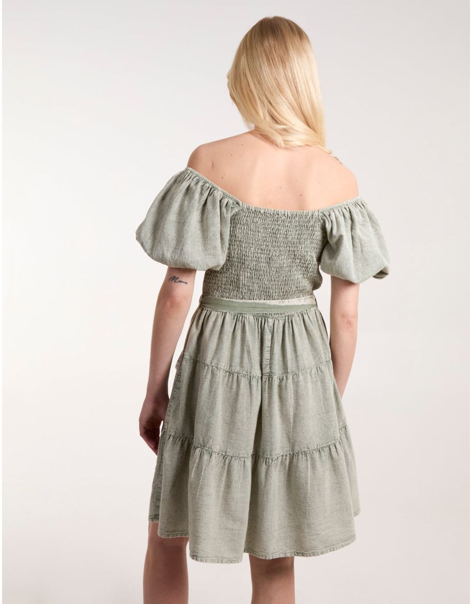 Off-Shoulder A-Line Denim Mini Skater Dress - 3