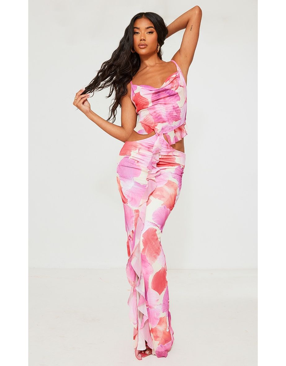 Pink Petal Print Cut Out Frill Midaxi Dress