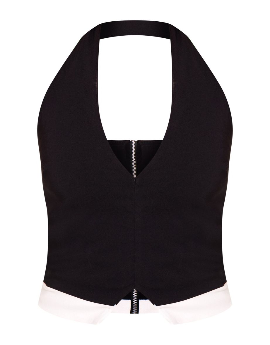 Black Stretch Woven Contrast Plunge Halter Neck Crop Top - 4