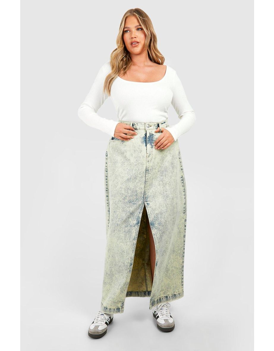 Plus Basic Split Front Denim Maxi Skirt - vintage wash