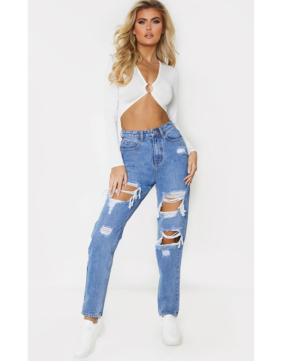 PRETTYLITTLETHING Tall Mid Blue Distressed Mom Jean